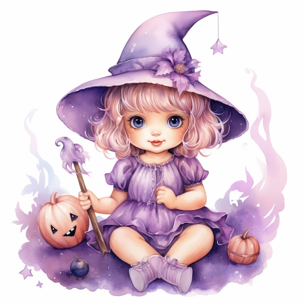 there is a little girl dressed in a witch costume with a broom generative ai