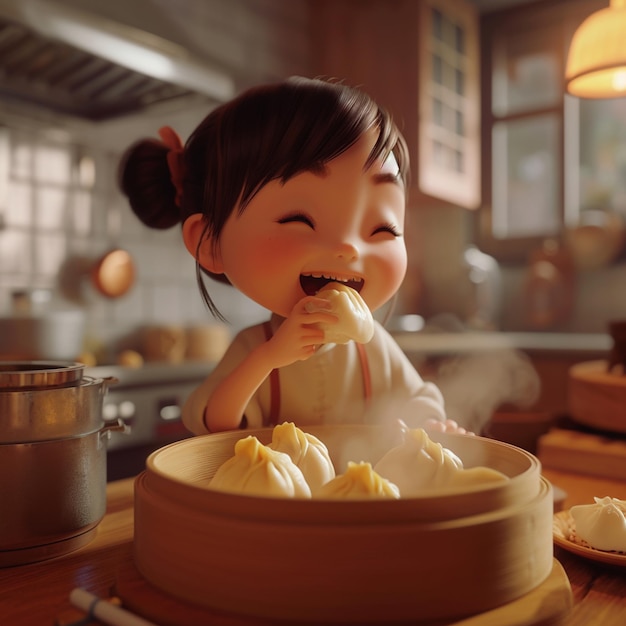 there is a little girl eating dumplings in a bowl generative ai