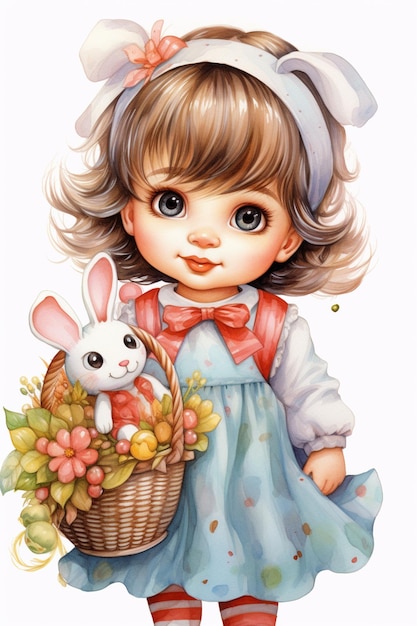 there is a little girl holding a basket with a bunny and a basket of flowers generative ai
