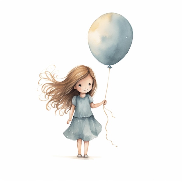 there is a little girl holding a blue balloon and a white background generative ai