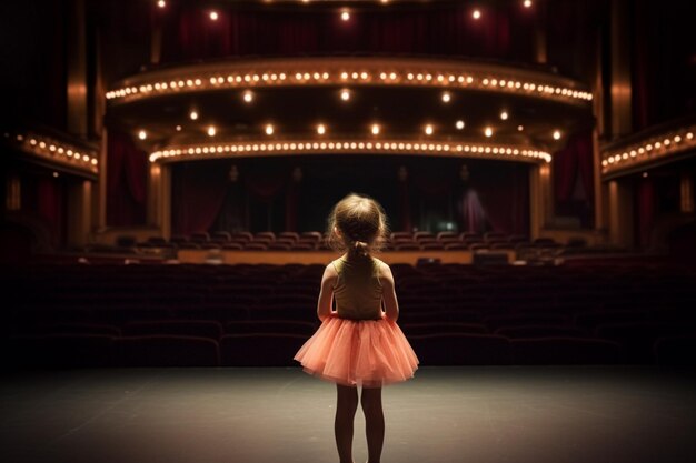 Photo there is a little girl in a pink dress standing in front of a stage generative ai