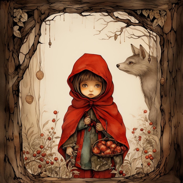 Photo there is a little girl in a red hood and a wolf generative ai