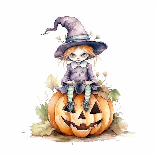 There is a little girl sitting on a pumpkin wearing a witch hat generative ai