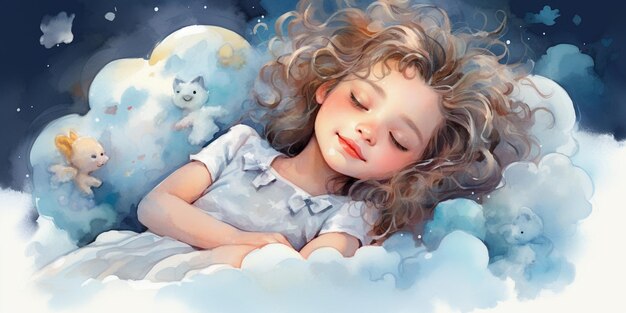 there is a little girl sleeping on a cloud with teddy bears generative ai