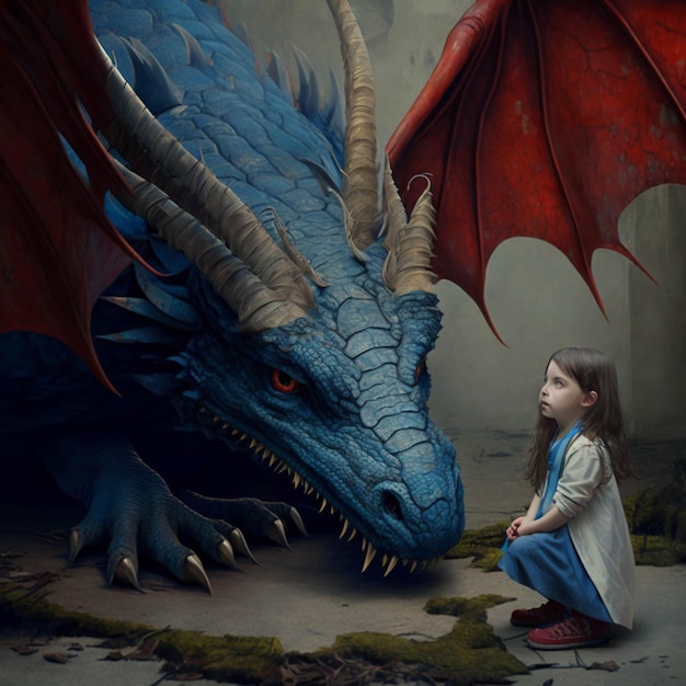 There is a little girl standing next to a blue dragon statue generative ai