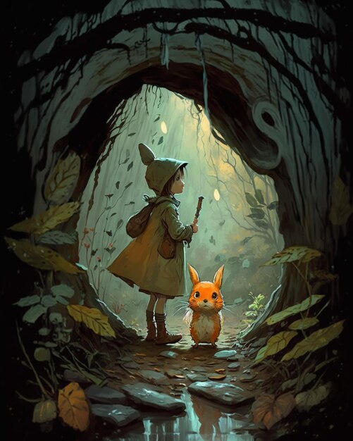 there is a little girl standing in a cave with a cat generative ai