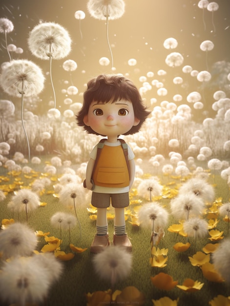 There is a little girl standing in a field of dandelions generative ai