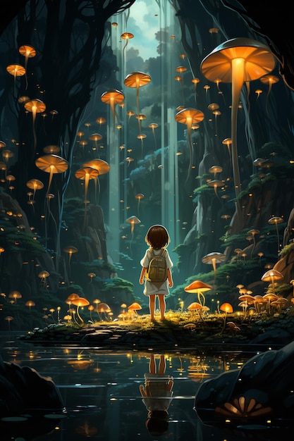 there is a little girl standing in a forest with mushrooms generative ai