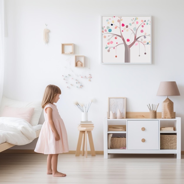 there is a little girl standing in a room with a bed generative ai