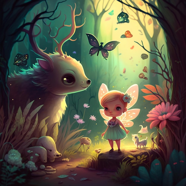There is a little girl standing in the woods with a fairy and a dragon generative ai