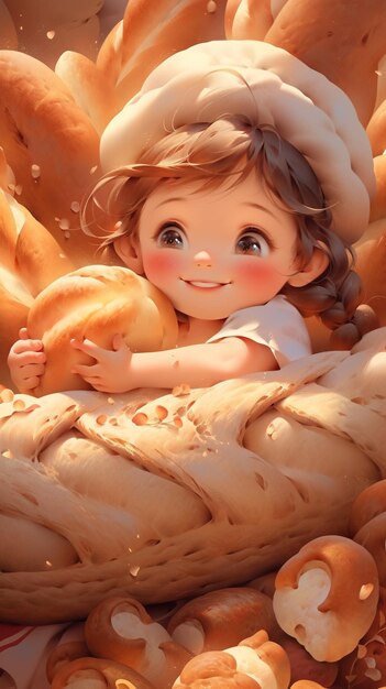 there is a little girl that is holding a bagel and some bread generative ai