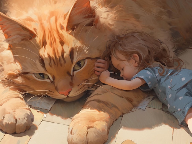 There is a little girl that is laying next to a big cat generative ai