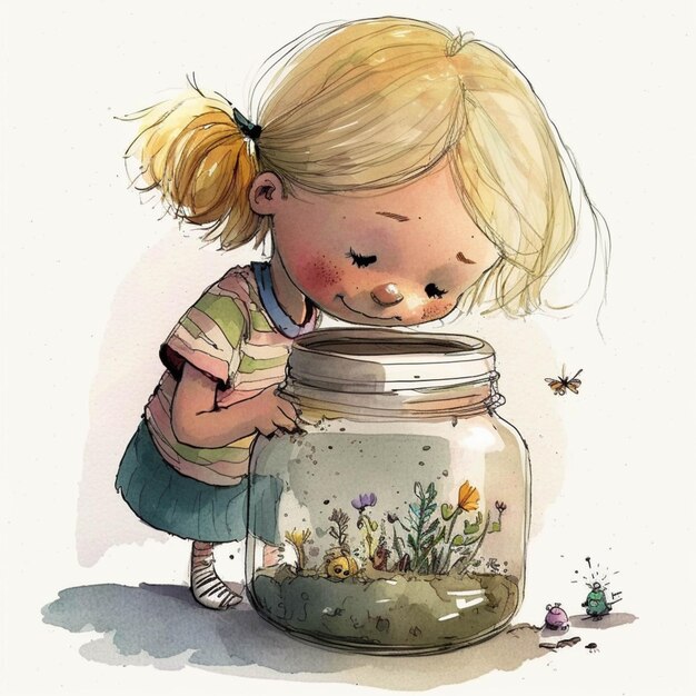 There is a little girl that is looking at a jar generative ai