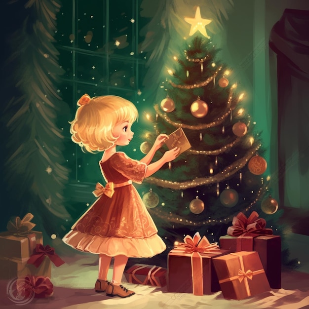 there is a little girl that is standing next to a christmas tree generative ai