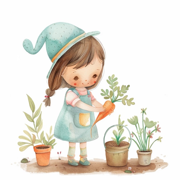 there is a little girl that is watering some plants generative ai