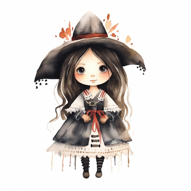 there is a little girl wearing a witch hat and a dress generative ai