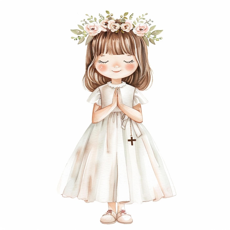 there is a little girl in a white dress with a cross generative ai