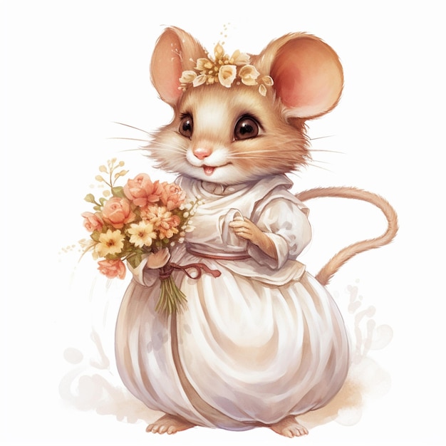 There is a little mouse dressed in a wedding dress holding a bouquet generative ai