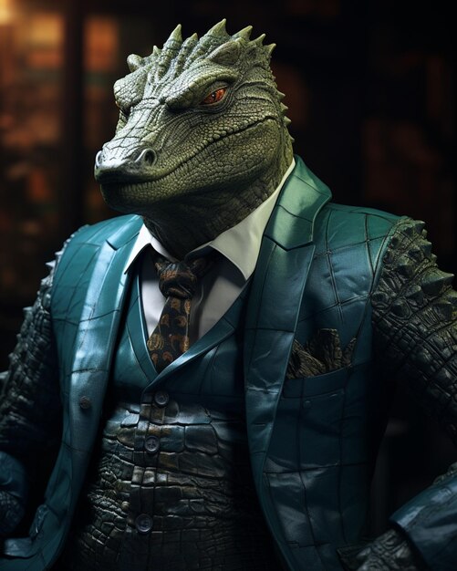 Photo there is a lizard dressed in a suit and tie standing generative ai