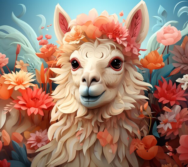 There is a llama with a flower crown on its head generative ai