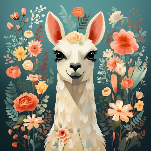 there is a llama with flowers and leaves on its head generative ai