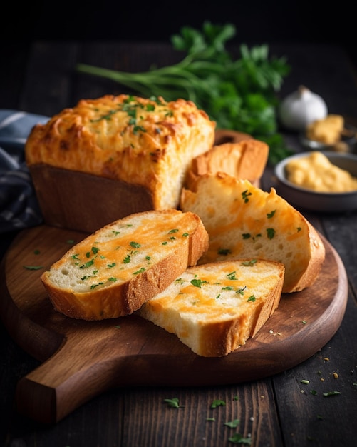 There is a loaf of bread with cheese and parsley on a cutting board generative ai