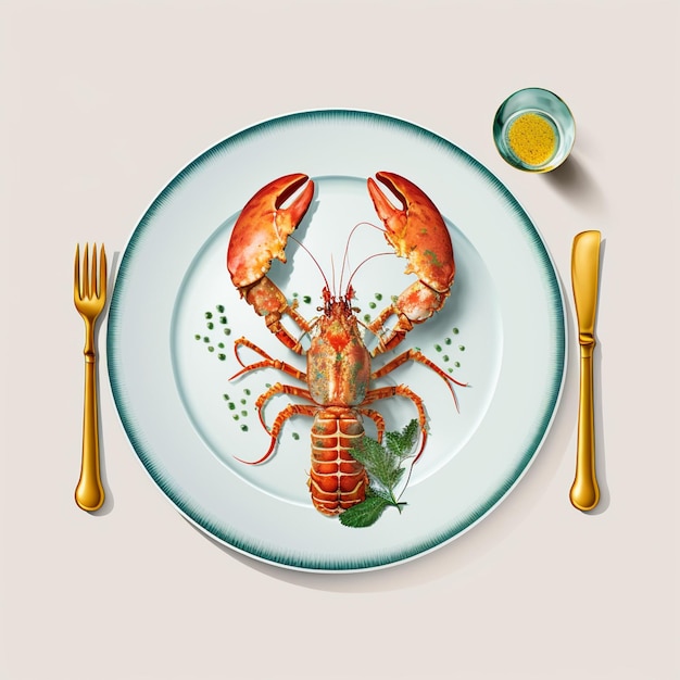 There is a lobster on a plate with a fork and knife generative ai