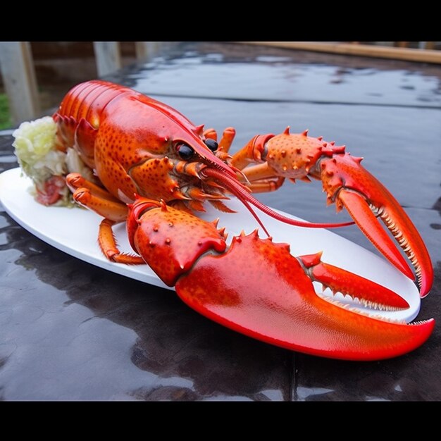 Photo there is a lobster on a plate with a side of rice generative ai