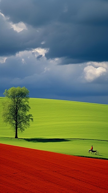 there is a lone tree in a field with a person on a bike generative ai