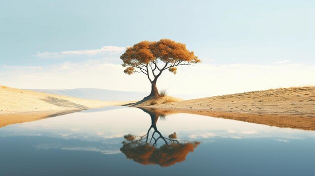 there is a lone tree sitting on a hill with a reflection in the water generative ai