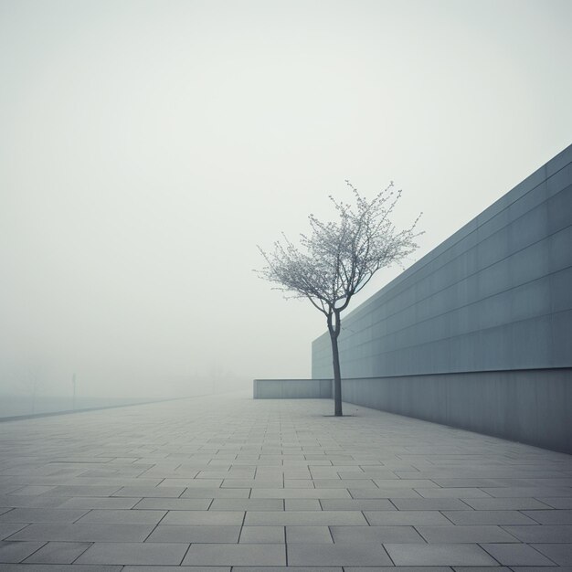 there is a lone tree standing alone on a sidewalk in the fog generative ai