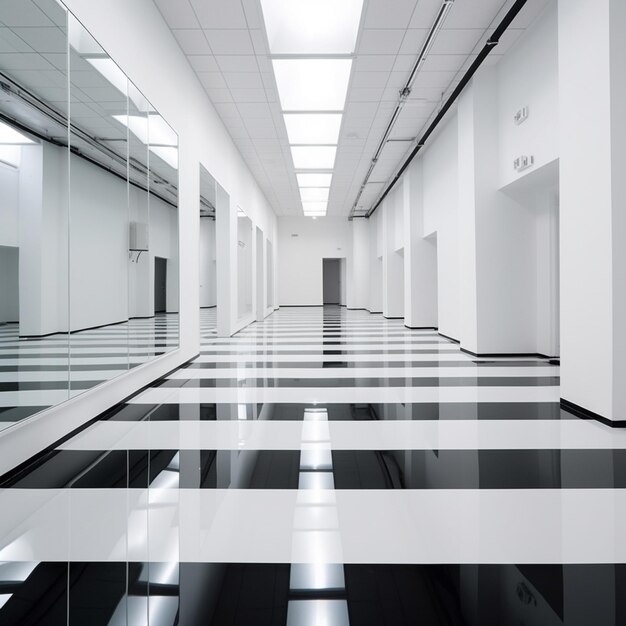 黒と白のチェッカー状の床のある長い廊下があります