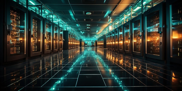 There is a long hallway with many rows of glass doors generative ai