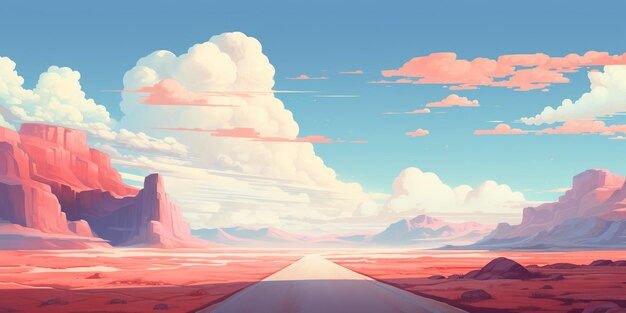 there is a long road going through a desert with mountains in the background generative ai