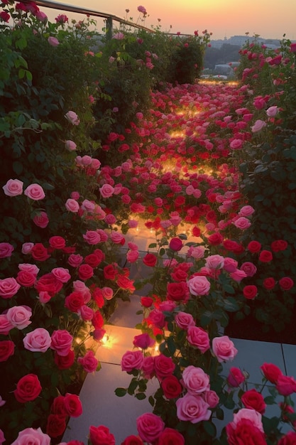 there is a lot of pink roses that are growing on the ground generative ai