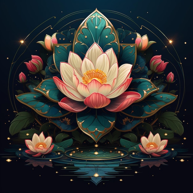 there is a lotus flower with many leaves and flowers in the water generative ai