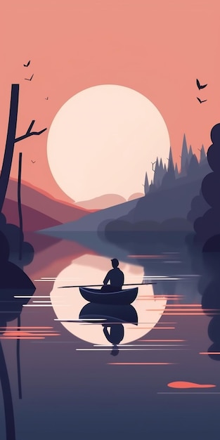 Photo there is a man in a boat on a lake at sunset generative ai