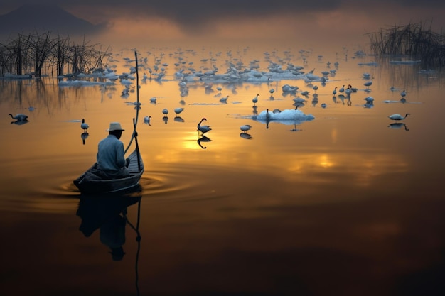 there is a man in a boat on a lake with swans generative ai