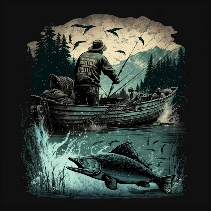फोटो there is a man in a boat with a fish and birds generative ai