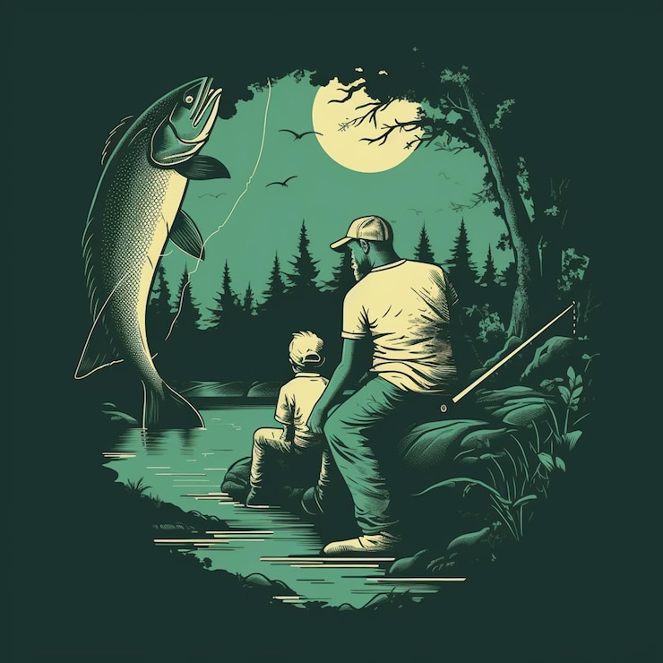 फोटो there is a man and a boy fishing in the water generative ai