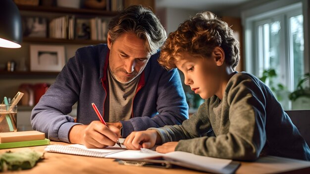 Foto c'è un uomo e un ragazzo seduti a un tavolo che scrivono ai generativa