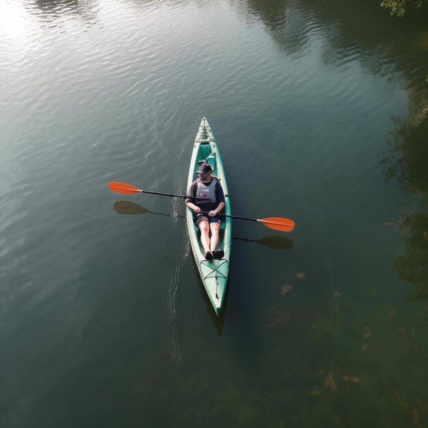 Foto c'è un uomo in una canoa sull'acqua con i remi generativi ai