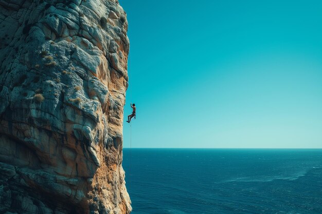 there is a man climbing up a cliff on a clear day generative ai