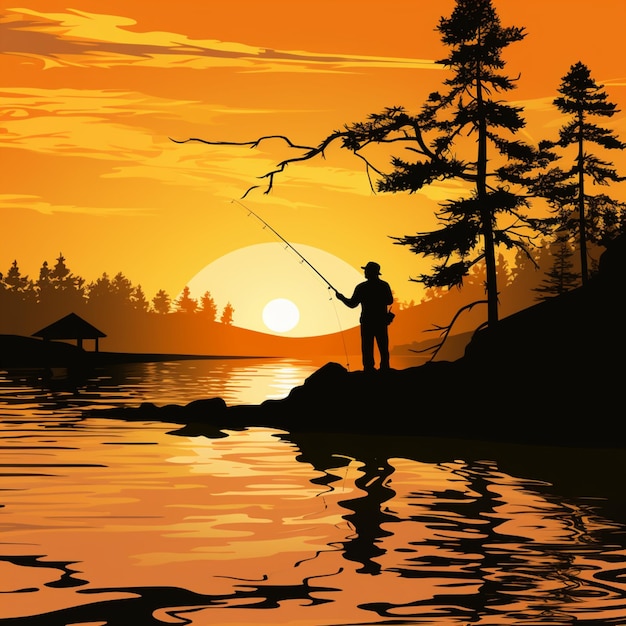 There is a man fishing on a lake at sunset with a fishing rod generative ai