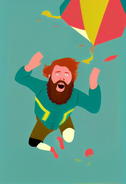 Photo there is a man flying a kite with a beard and a beard generative ai