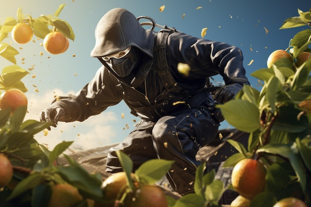 there is a man in a gas mask picking oranges from a tree generative ai
