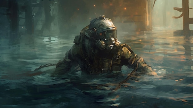 there is a man in a gas mask sitting in the water generative ai