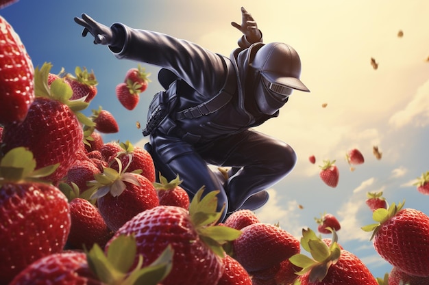 there is a man in a helmet and a hat on a field of strawberries generative ai