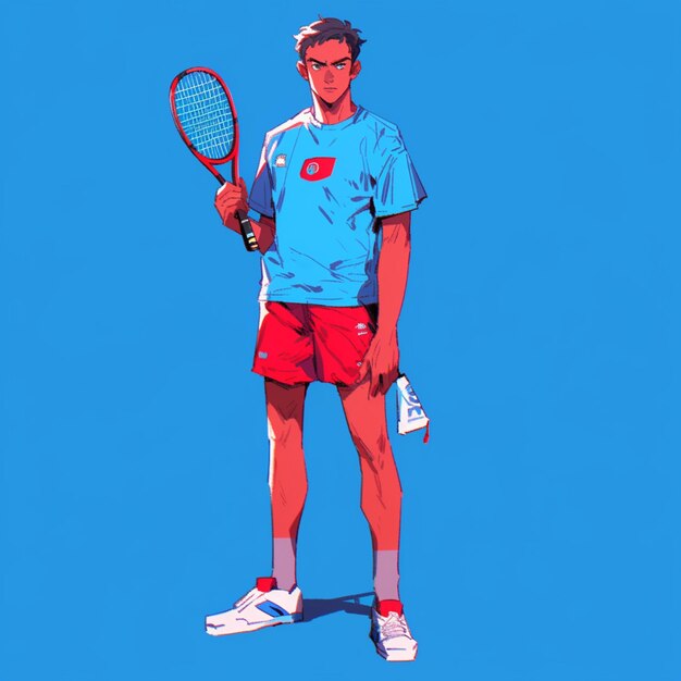 Foto c'è un uomo che tiene una racchetta da tennis su uno sfondo blu ai generativo