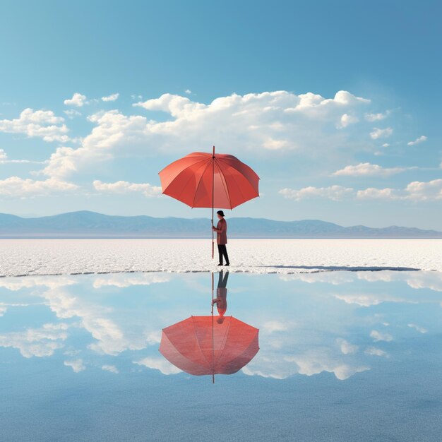 there is a man holding an umbrella standing on a beach generative ai